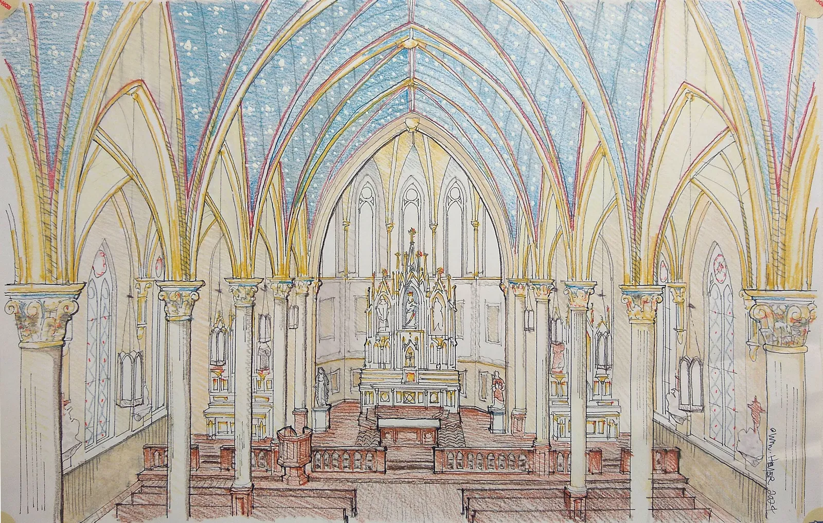 Colored-pencil drawing of the nave looking toward the sanctuary, with a star-spangled blue vault, an arcade of columns, and a tall gabled altarpiece flanked by side altars.