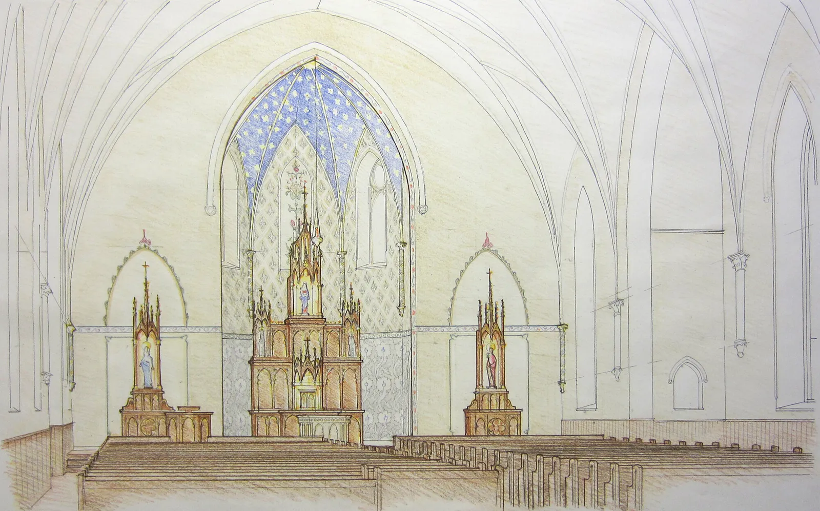 Colored-pencil drawing of the sanctuary, with a gabled altarpiece beneath a star-spangled blue arch, flanked by two smaller altars with statues.