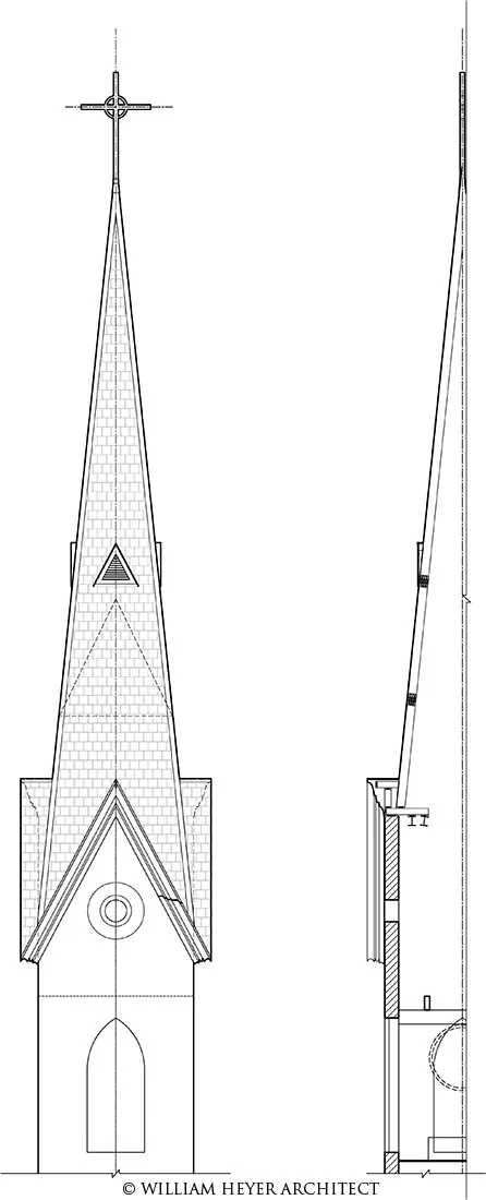 Line drawings of the church steeple: an elevation of the shingled spire topped by a cross, alongside a section through the tower.