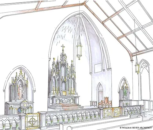 Colored pencil rendering of a Gothic sanctuary with pinnacled altarpiece and communion rail