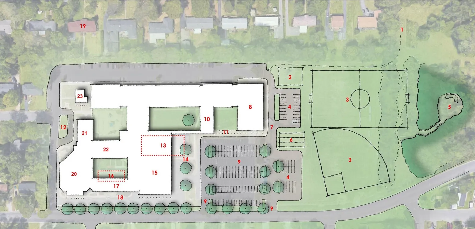 Numbered site plan of a church and school campus with parking, courtyards, and playing fields