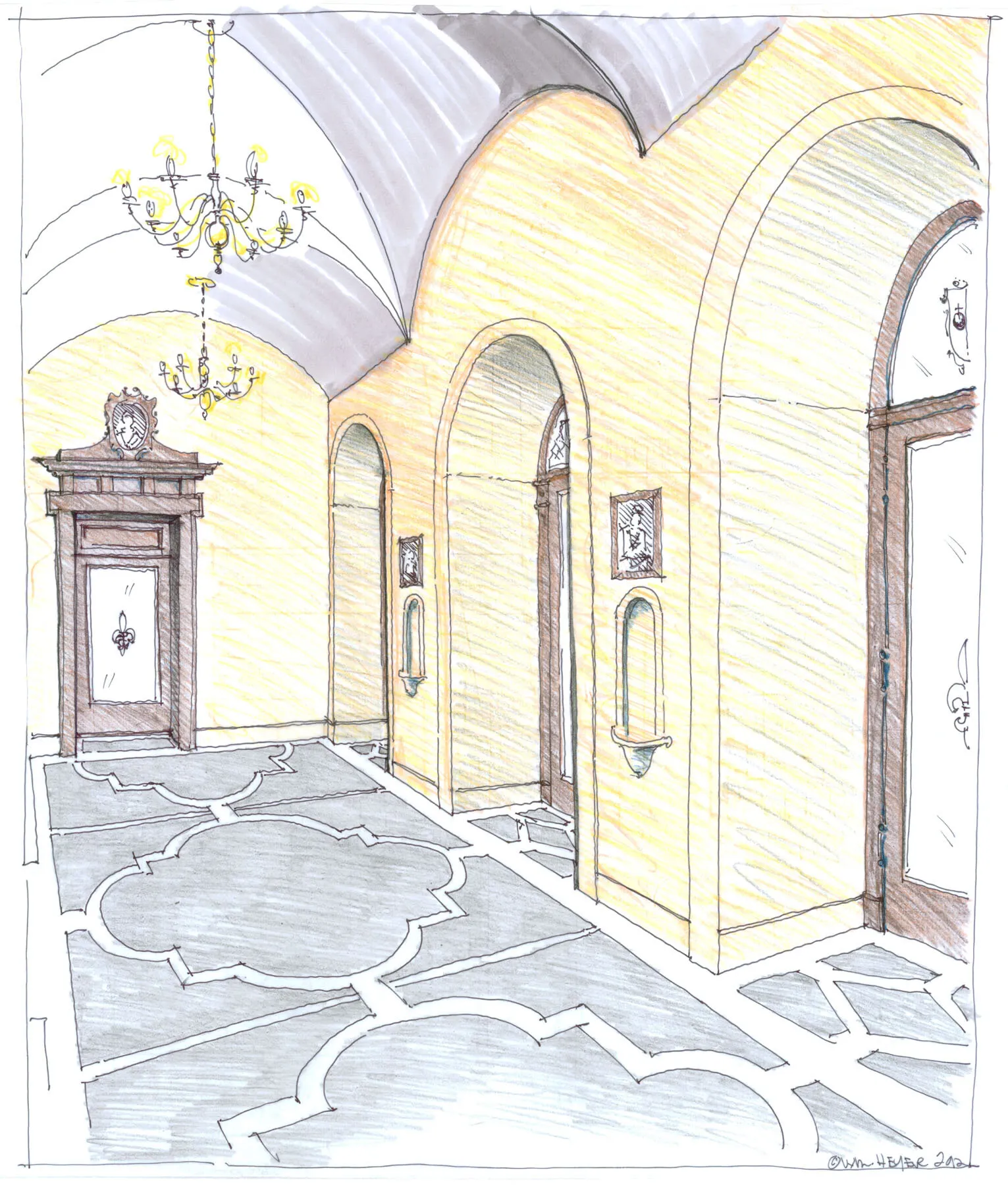 Pen-and-pencil drawing of the vaulted narthex, with chandeliers, arched openings, a pedimented doorway, and a patterned stone floor.