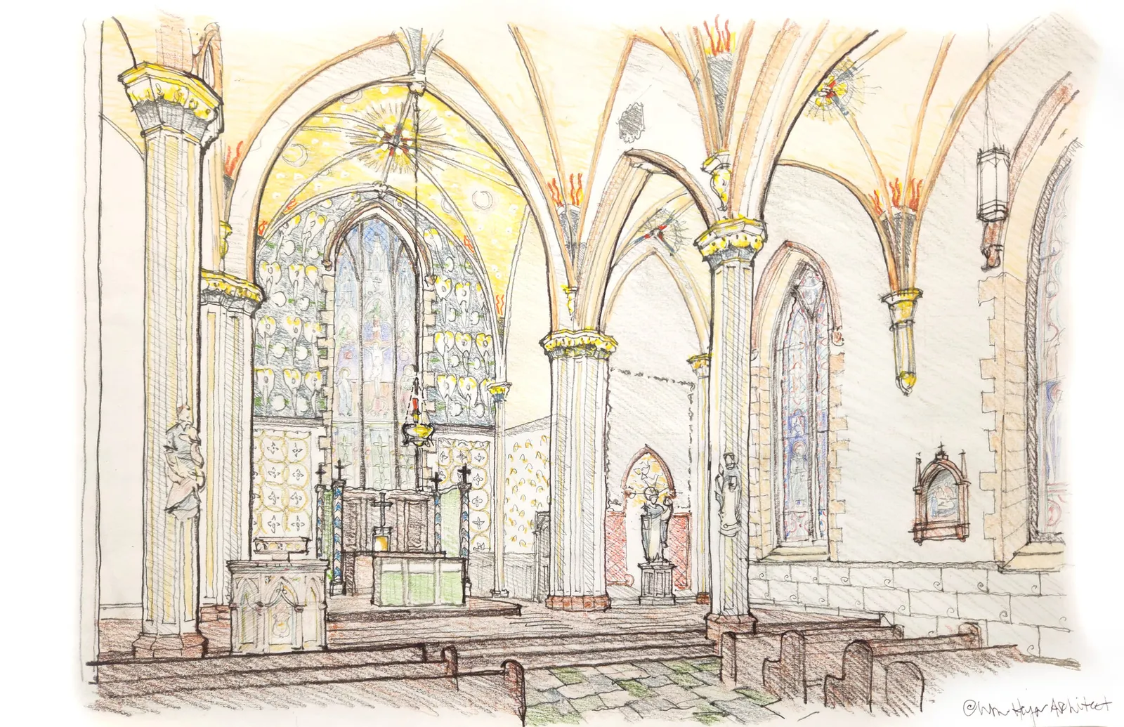 Pen-and-pencil drawing of the sanctuary, with gilded ribbed vaulting, a tall stained-glass window above the altar, and statues against the stone piers.