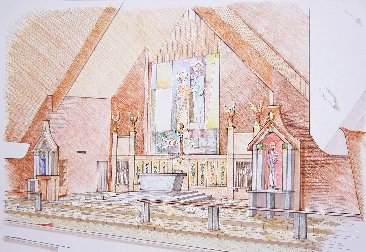Colored-pencil drawing of the sanctuary, with a tapestry of two saints on the brick gable wall, a crucifix over the altar, and a shrine niche to the side.