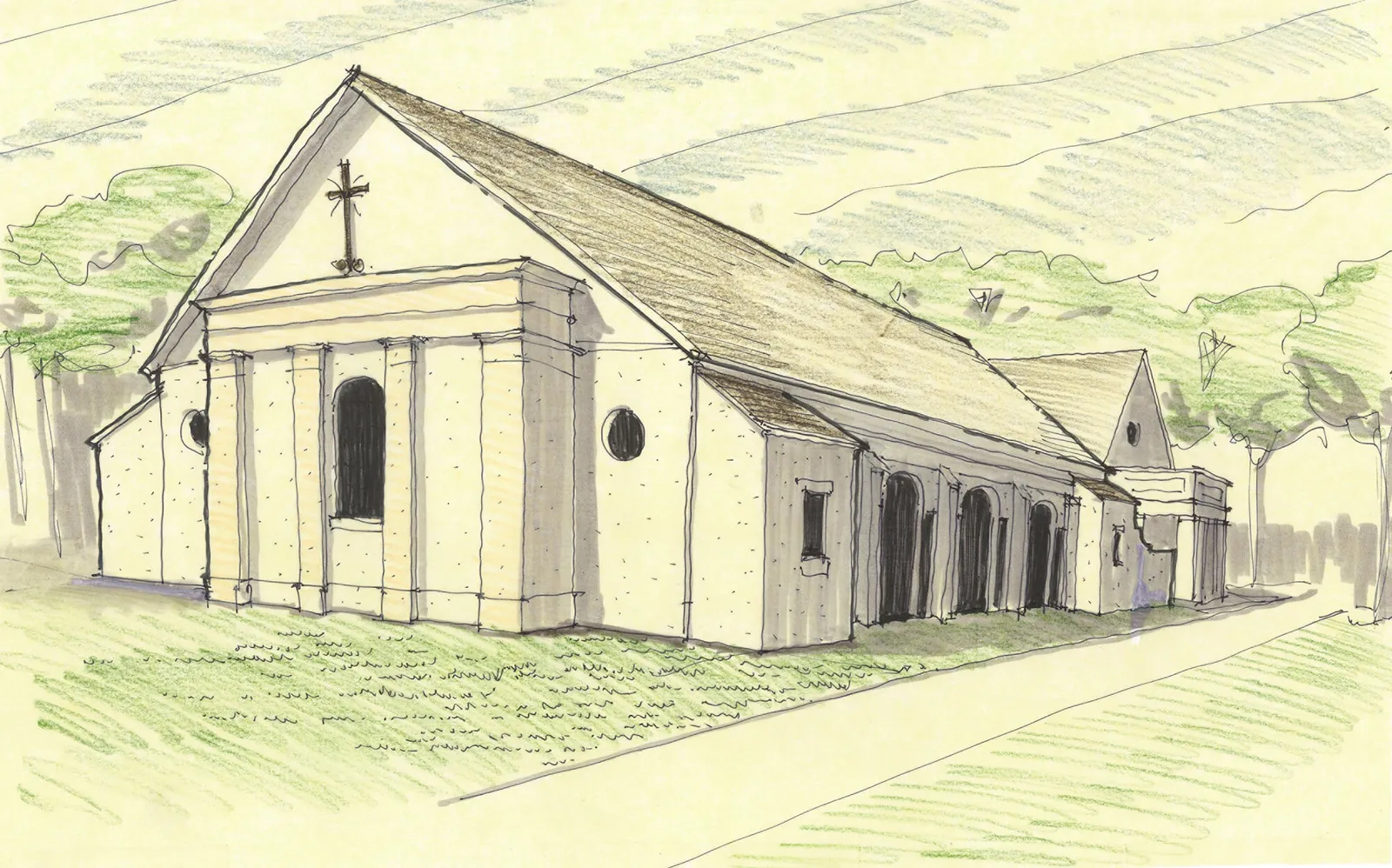 Watercolor sketch of a gabled stone church with cross finial and arcaded side wing