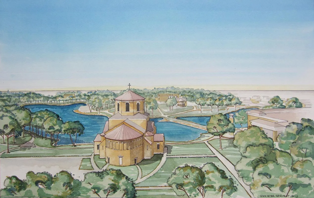 Watercolor aerial rendering of the oratory on its campus site, set among lawns, paths and the pond.
