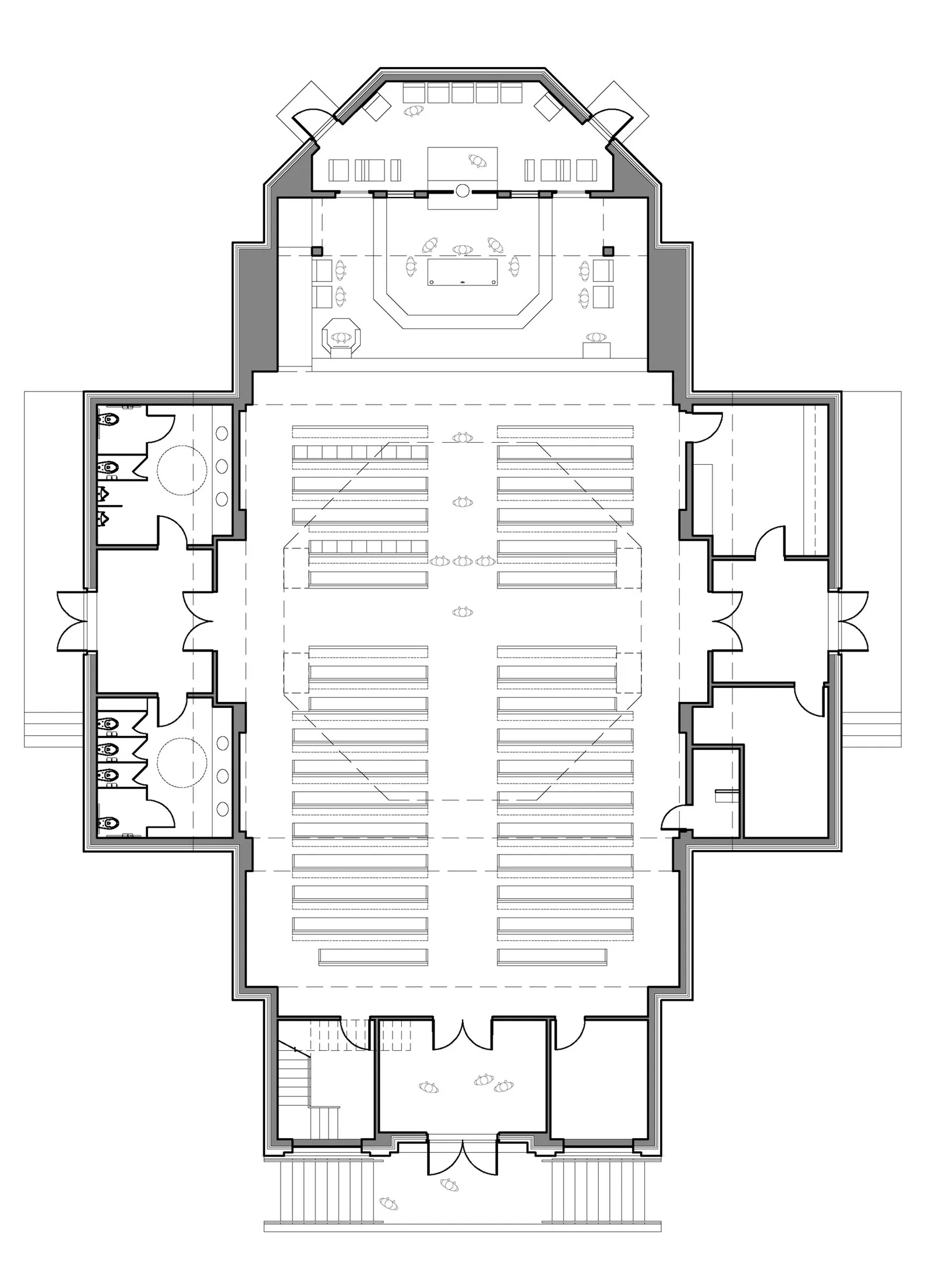 Floor plan of the oratory: a cruciform nave with rows of pews, the octagonal crossing, the apse and the entrance porch.
