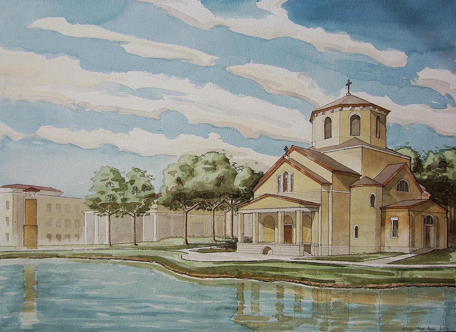 Watercolor design rendering of the oratory beside the campus pond, with its lantern tower, tiled roofs and a footbridge.