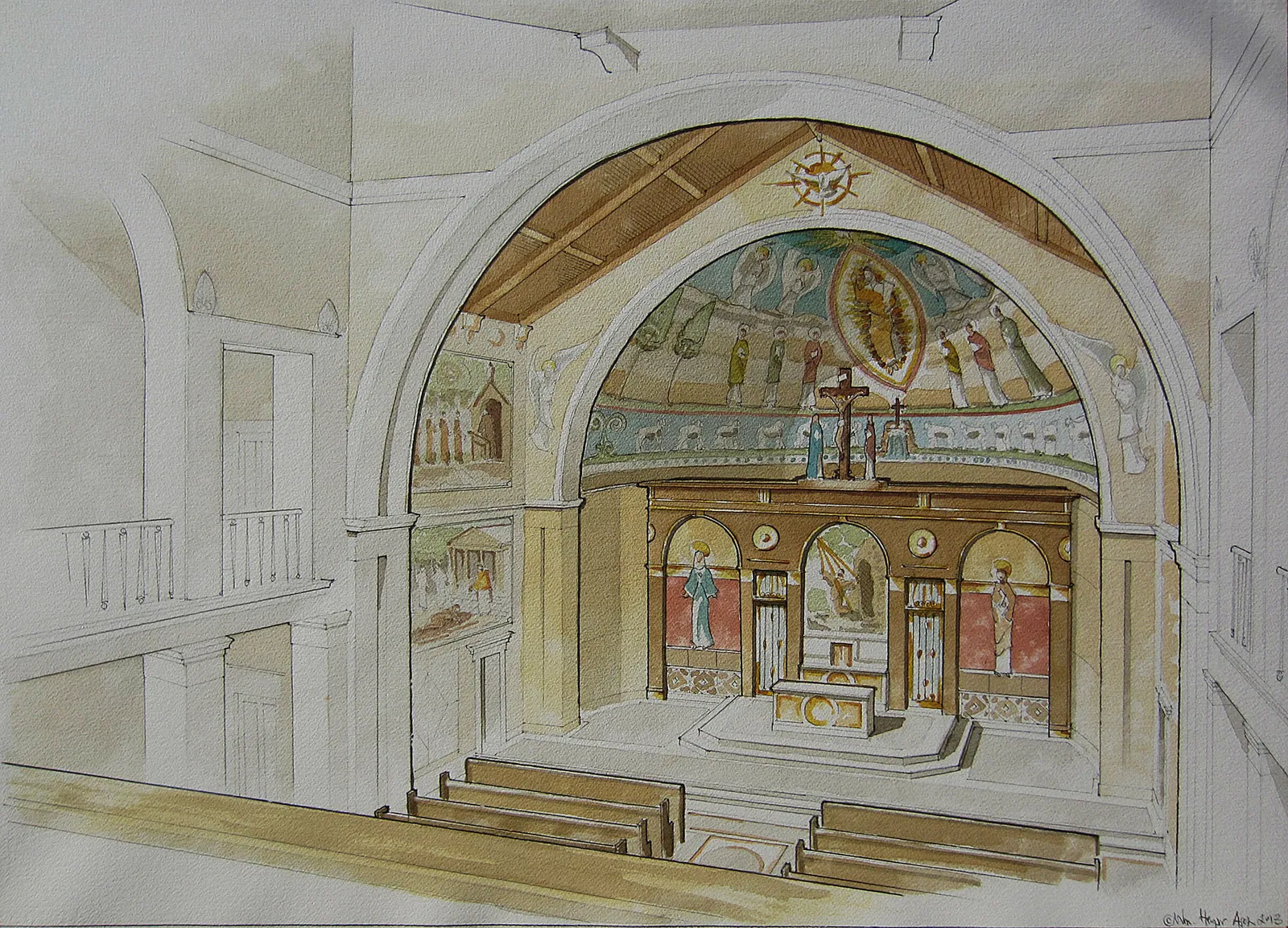 Watercolor design rendering of the interior looking down the nave to the sanctuary, the apse arch and half-dome painted with figures and ornament.