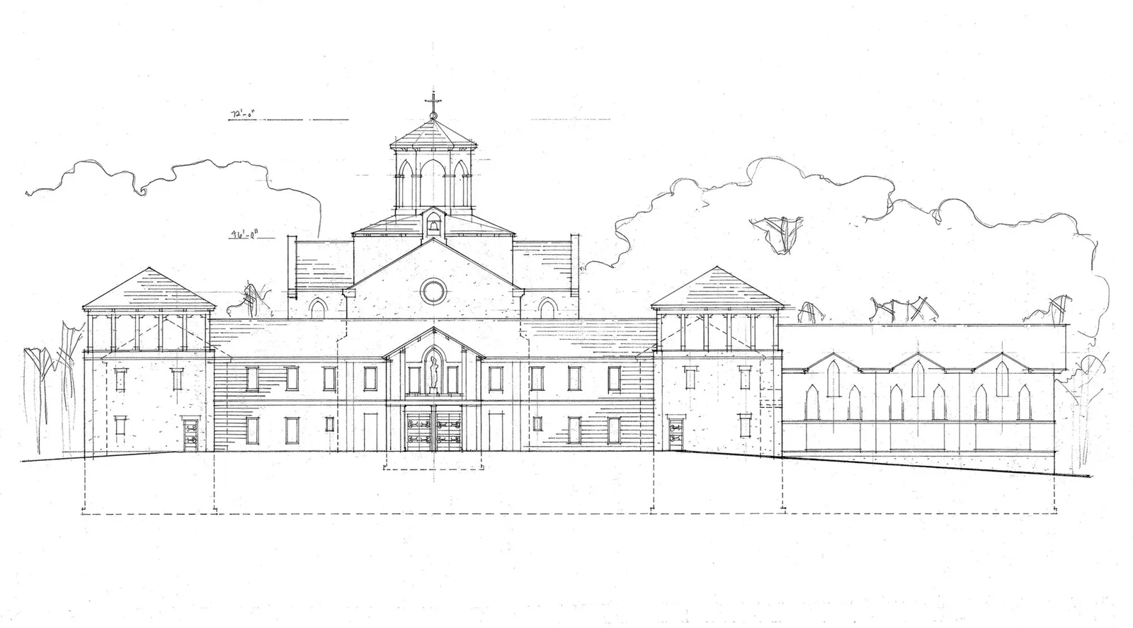 Architectural elevation drawing of the abbey complex, showing the church with its cupola flanked by lower monastic wings.